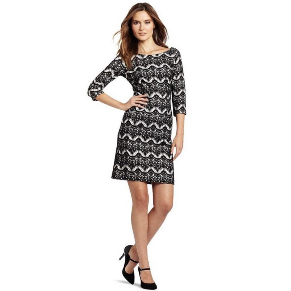 Lilly Pulitzer Sz XL Nikola Black Knit 3/4 Sleeve Lace Dress Exposed Zip